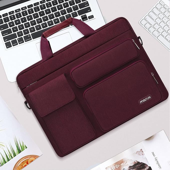 MOSISO Laptop Shoulder Bag 15.6 inch, 15-15.6 inch Computer Bag Compatible with MacBook Pro 16 inch, HP, Dell, Lenovo, Notebook with 2 Raised&1 Flapover&1 Horizontal Pocket&Handle&Belt, Wine Red
