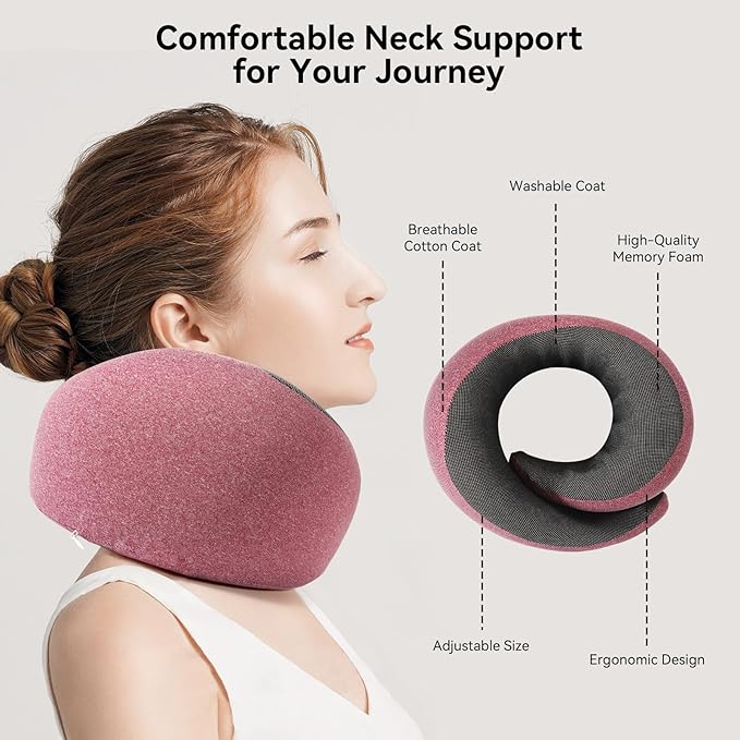 Travel Pillow, 100% Pure Memory Foam Neck Pillow for Airplanes, Comfortable Breathable Cover, Travel Essentials for Plane, Car, Train and Home, Red