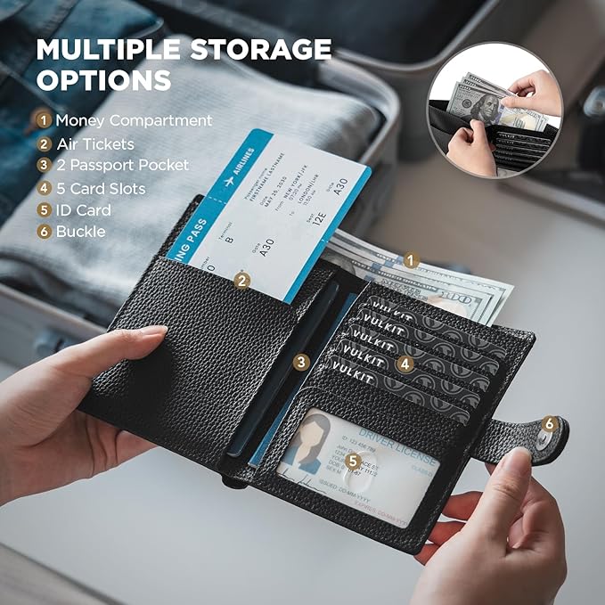 VULKIT Leather Passport Travel Wallet for 2 Passports Pocket Slim Double Passport Holder RFID Blocking with ID Window for Women or Men