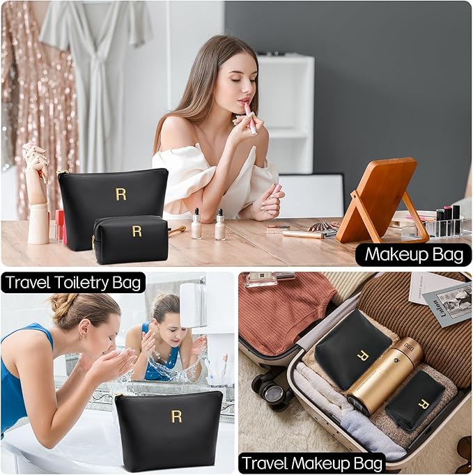 Women Gifts | Initial Makeup Bag Set for Girl Personalized Gifts for Bridesmaid Friend Graduation Teachers PU Leather Cosmetic Travel Toiletry Bag(Black,R)