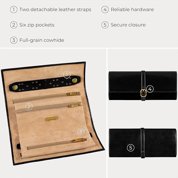 Time Resistance Leather Jewelry Roll - Full Grain Leather Travel Jewelry Case - Jewellery Organizer Made in Italy (Black)
