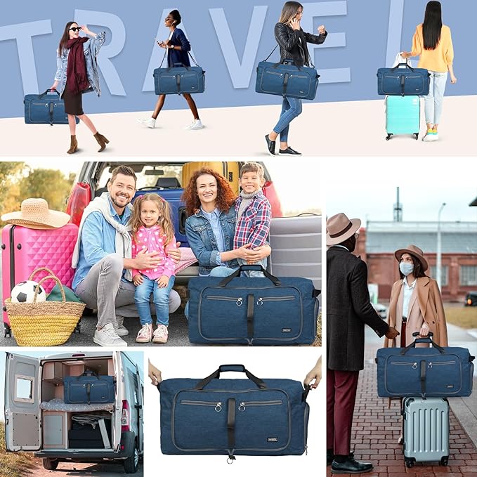 Fmeida 65L Duffle Bag with Shoes Compartment, Foldable Travel Duffel Bags for Men Women, Large Packable Travel Bag Water Repellent & Tear Resistant (Blue)