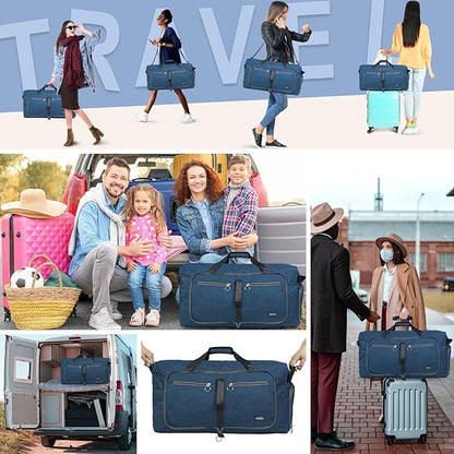 Fmeida 65L Duffle Bag with Shoes Compartment, Foldable Travel Duffel Bags for Men Women, Large Packable Travel Bag Water Repellent & Tear Resistant (Blue)