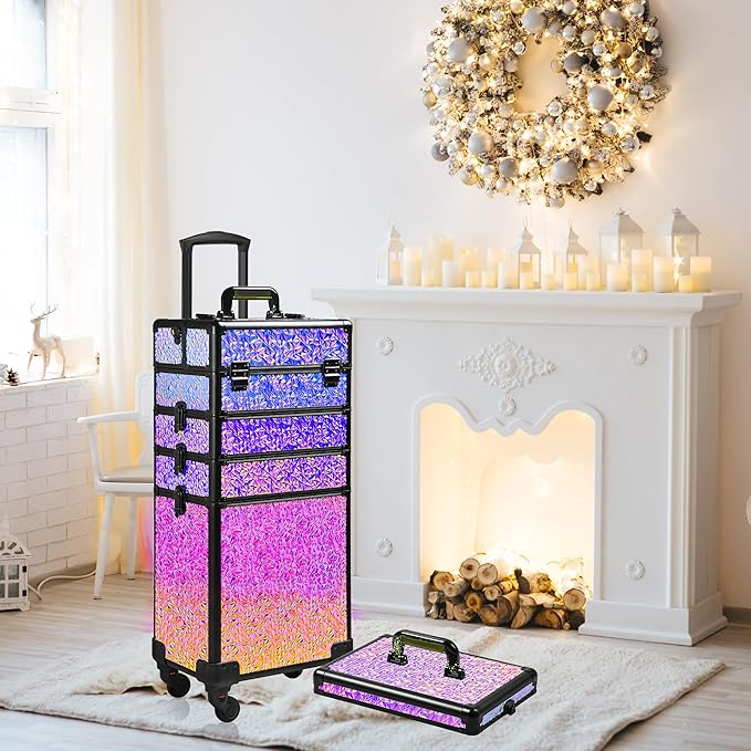 Rolling Makeup Case, Makeup Train Case with Lid, 5 in 1 Cosmetology Case on Wheels, Christmas Gift, Large Makeup Case Organizers, Profesional Cosmetic Case for Salon Barber,Black Colorful