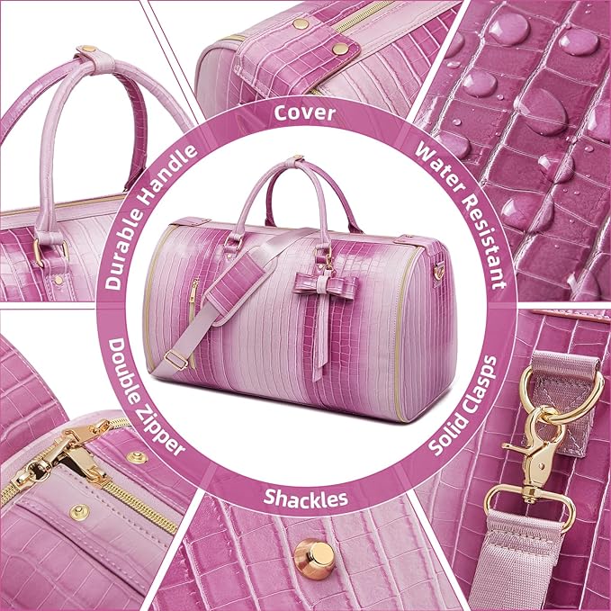 Convertible Garment Duffle Bag for Women, Foldable 2-in-1 Carry On Travel Bag with Shoe Compartment & Toiletry Pocket, PU Leather Stylish Garment Bags for Business Trip, Vacation, Pink-White