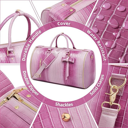 Convertible Garment Duffle Bag for Women, Foldable 2-in-1 Carry On Travel Bag with Shoe Compartment & Toiletry Pocket, PU Leather Stylish Garment Bags for Business Trip, Vacation, Pink-White