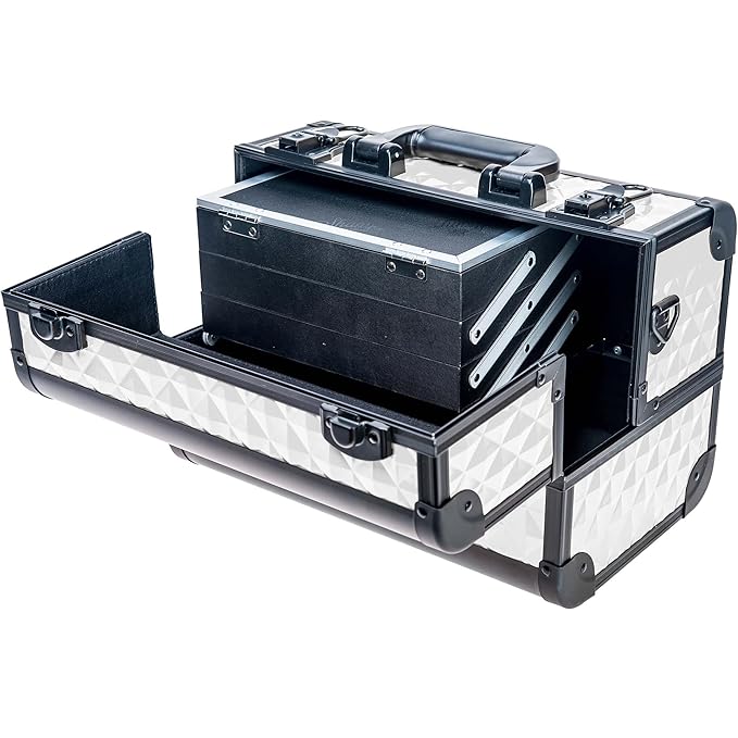 SHANY Premier Fantasy Professional Makeup Train Case Cosmetic Box Portable Makeup Case Organizer Jewelry storage with Locks, 3 Trays, Makeup Brush Holder and Cosmetics Mirror - Snow White