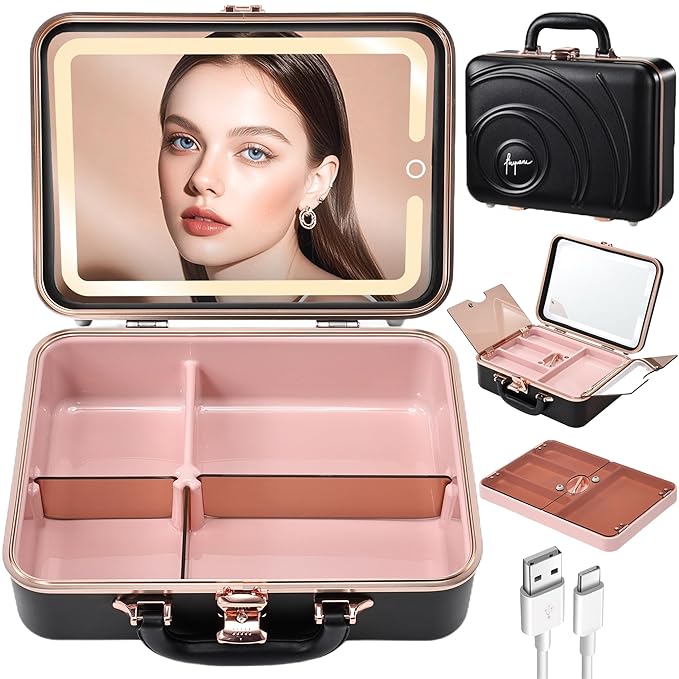 Travel Makeup Case with LED Lighted Mirror 12 Inch Portable Makeup Box Organizer Adjustable Brightness in 3 Colors Cosmetic Storage Case with Dividers Hard Aluminum Shell Vanity Box Black