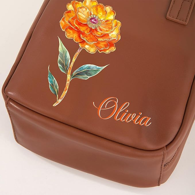 callie Personalized Makeup Bag - Custom Name & Birth Flower, Leather Cosmetic Organizer Travel Bag with Double Zippers & Handle, Birthday Christmas Gift for Women