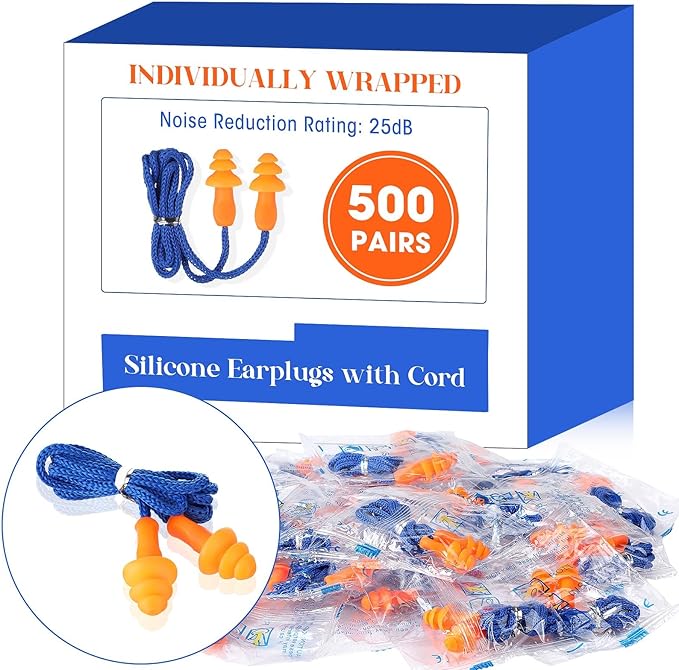 500 Pairs Corded Ear Plugs Bulk 25dB NRR Reusable Silicone Ear Plug with String Individually Wrapped Earplugs for Sleeping Noise Reduction Hearing Protection Shooting Construction Work