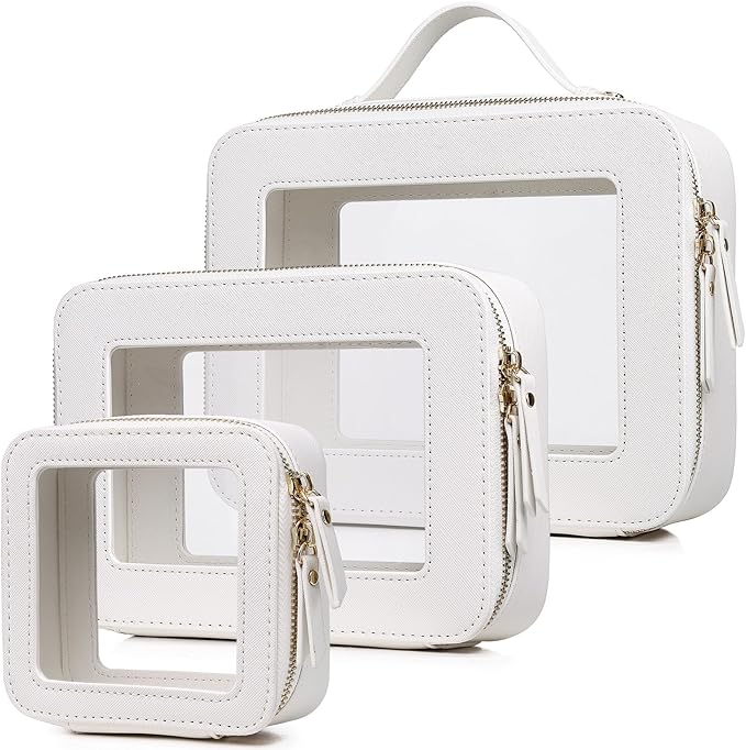 Pinkmik Clear Makeup Bag Waterproof Travel Case for Cosmetics and Toiletries Women's Purse Organizer and Clear Car Bag with Zipper (White, L+M+MINI)