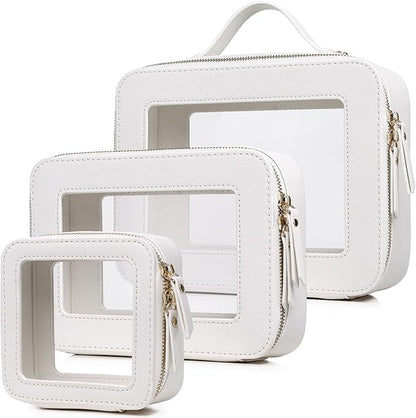 Pinkmik Clear Makeup Bag Waterproof Travel Case for Cosmetics and Toiletries Women's Purse Organizer and Clear Car Bag with Zipper (White, L+M+MINI)