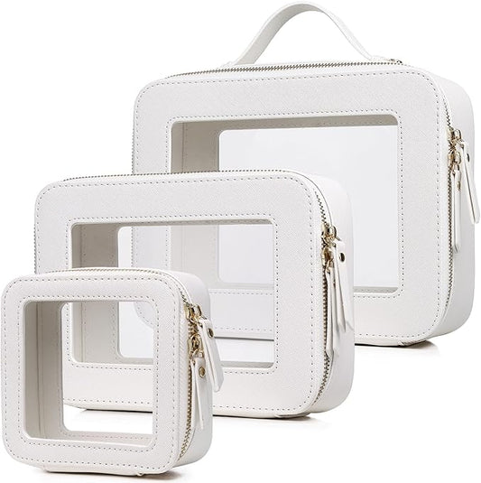Pinkmik Clear Makeup Bag Waterproof Travel Case for Cosmetics and Toiletries Women's Purse Organizer and Clear Car Bag with Zipper (White, L+M+MINI)