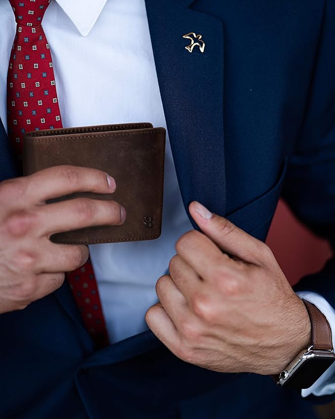 SERMAN BRANDS 2 ID Window Wallet for Men RFID Blocking Leather, Bifold Top Flip, Extra Capacity Travel Wallet