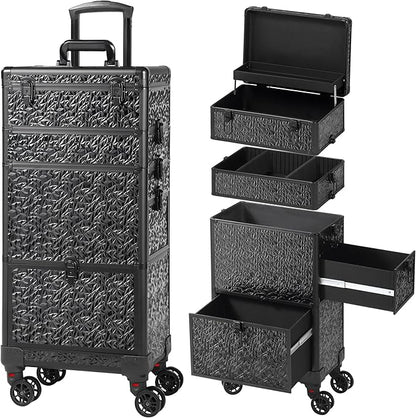 Rolling Makeup Case with Large Drawer, Makeup Train Case with Tray, Cosmetology Case on Wheels, Travel Makeup Case Organizers, Professional for Salon Barber, Nail, Tattoo, Black