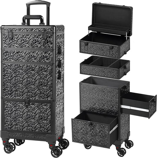 Rolling Makeup Case with Large Drawer, Makeup Train Case with Tray, Cosmetology Case on Wheels, Travel Makeup Case Organizers, Professional for Salon Barber, Nail, Tattoo, Black