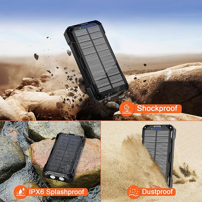 WONGKUO Solar Charger Power Bank - 49800mAh Solar Phone Charger with USB-C in/Output, QC 3.0 Fast Charging with LED Flashlight, Built-in 4 Cables, IP65 Waterproof Fits for Outdoor (Flash Black)