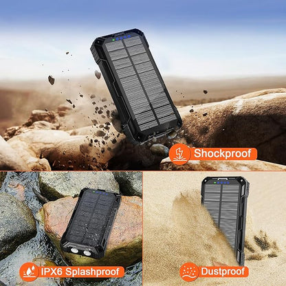 WONGKUO Solar Charger Power Bank - 49800mAh Solar Phone Charger with USB-C in/Output, QC 3.0 Fast Charging with LED Flashlight, Built-in 4 Cables, IP65 Waterproof Fits for Outdoor (Flash Black)