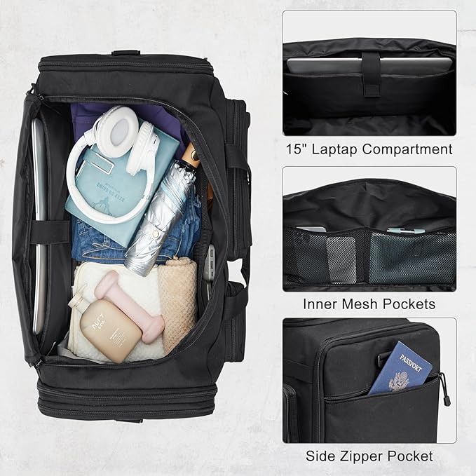 G4Free 3-in-1 Duffle Bag for Travel, Large Gym Duffle Backpack for Men Women with Shoes Compartment and Wet Pocket, Black