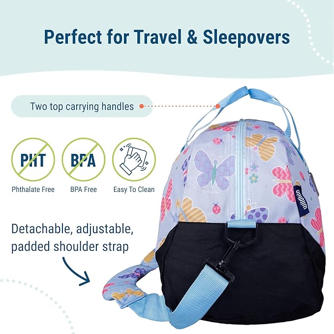 Wildkin Kids Overnighter Duffel Bag – Carry-On Size, Ideal for School & Sleepovers – Butterfly Garden