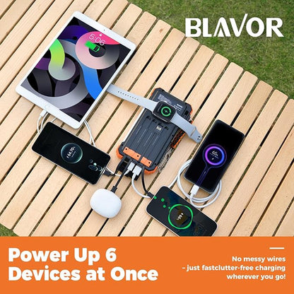 BLAVOR Solar Power Bank 20000mAh Built-in Cables, Wireless Charger for Apple Watch, 20W Fast Charging Battery Pack with USB C, Flashlight, Solar Charger for iPhone, iPad, iWatch, Samsung