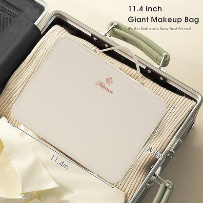 Leather Makeup Case with LED Lighted Mirror 11.4 Inch Travel Makeup Bag Adjustable Brightness in 3 Colors Cosmetic Organizer Artist Storage Bag with Dividers Brush Holder Bag Vanity White