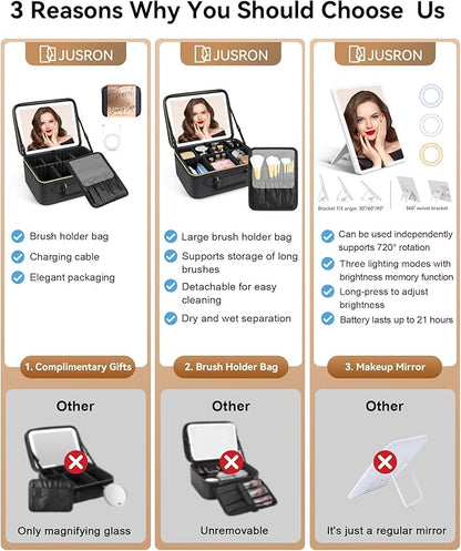 JUSRON Travel Makeup Bag With LED Mirror,Train Case with Light up Mirror, Portable Makeup Artist Organizer Bag with Adjustable Dividers (Black, Large)