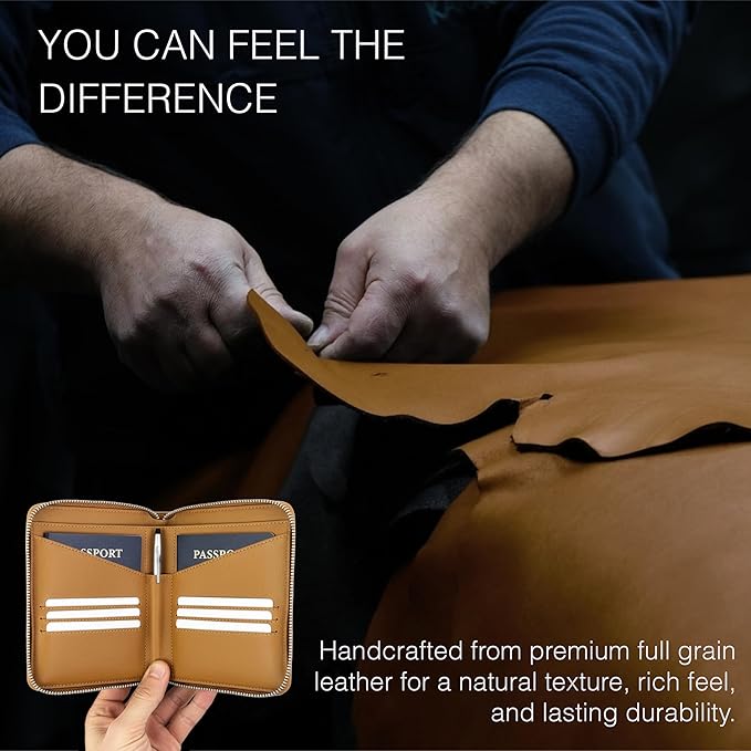 Full Grain Leather Passport Holder for 2 Passports - Dual Passport Holder and Travel Documents Organizer - RFID Travel Wallet for Couples - Camel