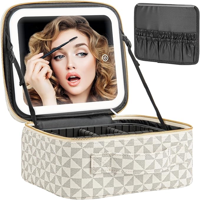 Makeup Travel Train Case with Mirror LED Light 3 Adjustable Brightness Large Cosmetic Bag Portable Storage Adjustable Partition Waterproof Makeup Brushes Make up Jewelry Gift for Women