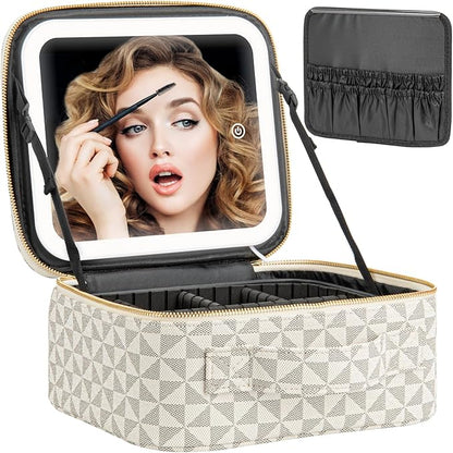 Makeup Travel Train Case with Mirror LED Light 3 Adjustable Brightness Large Cosmetic Bag Portable Storage Adjustable Partition Waterproof Makeup Brushes Make up Jewelry Gift for Women