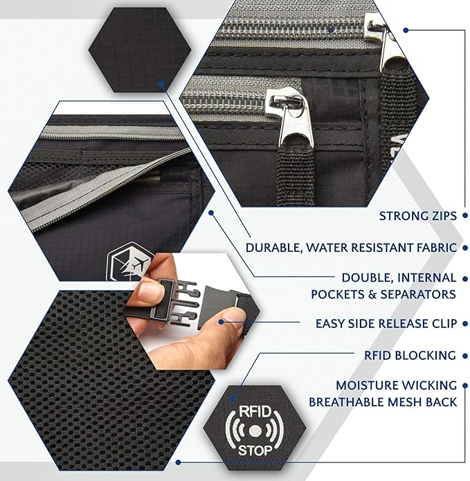 VENTURE 4TH Travel Money Belt - Slim Passport Holder RFID Blocking Travel Pouch to Protect Cash, Credit Cards and Travel Documents (Black)