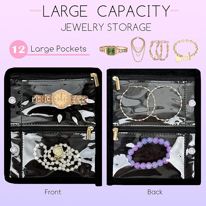 Travel Jewelry Organizer Case,Jewelry Bags for Traveling, Jewelry Binder with 24 Pcs Clear Zipper Velvet Pouches (Inner Pages, 3 PCS)