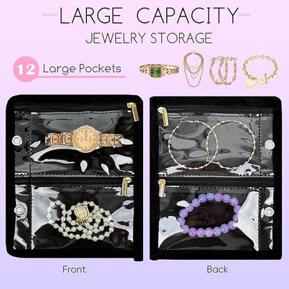 Travel Jewelry Organizer Case,Jewelry Bags for Traveling, Jewelry Binder with 24 Pcs Clear Zipper Velvet Pouches (Inner Pages, 3 PCS)