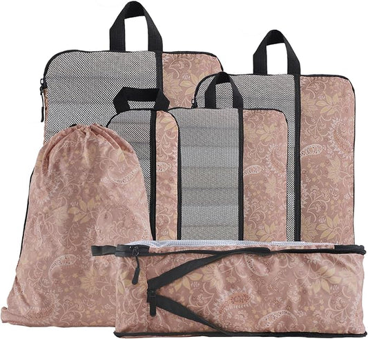 U+U 6 Set Compression Packing Cubes - Ultralight Travel Organizers with Laundry Bag, Space-Saving Suitcase Organizer, Expandable Packing Cubes for Travel and Family Vacation (Paisley Pattern)