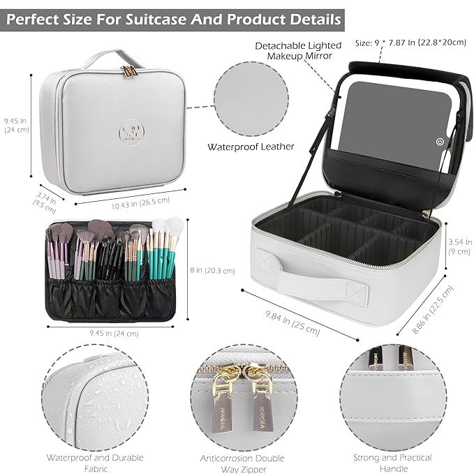 MOMIRA Travel Makeup Bag Cosmetic Bag Makeup Organizer Bag with Lighted Mirror, Adjustable Brightness in 3 Color Scenarios, Waterproof Makeup Train Case, Gift for Women - Silver