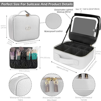 MOMIRA Travel Makeup Bag Cosmetic Bag Makeup Organizer Bag with Lighted Mirror, Adjustable Brightness in 3 Color Scenarios, Waterproof Makeup Train Case, Gift for Women - Silver