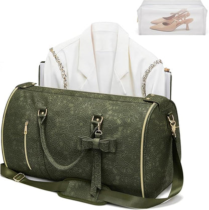 Garment Duffle Bag for Travel, 2-in-1 Foldable Carry On Garment Bag with Shoe Compartment & Toiletry Pocket, Convertible Weekender Bags for Women Business Travel, Vacation, Party, Deep Green