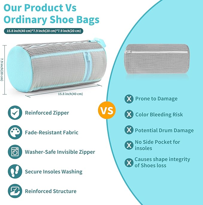 Shoe Washing Machine Bag: 2 pcs Shoe Bag for Washing Machine and dryer - Durable Zipper - 360° Deep Clean - Reusable laundry Bag for Sneaker/Slippers/Tennis/Runing Shoes & Insole(Grey)