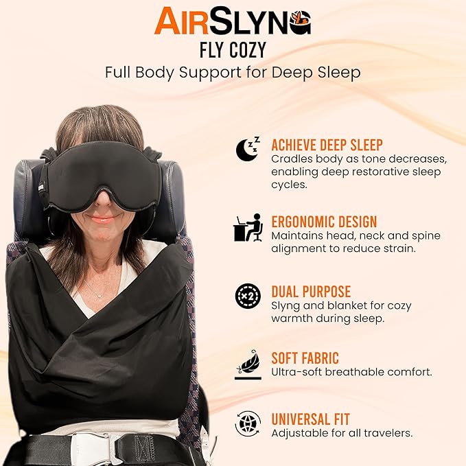 3-in-1 Airplane Sleep Support System - Integrated Plane Sleeping Accessories with Memory Foam Long Haul Flight Pillow, Adjustable Travel Eye Mask, and Blanket-Like Body Sling - Fits in Carry On
