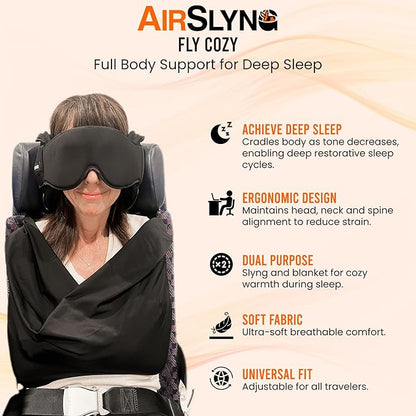 3-in-1 Airplane Sleep Support System - Integrated Plane Sleeping Accessories with Memory Foam Long Haul Flight Pillow, Adjustable Travel Eye Mask, and Blanket-Like Body Sling - Fits in Carry On