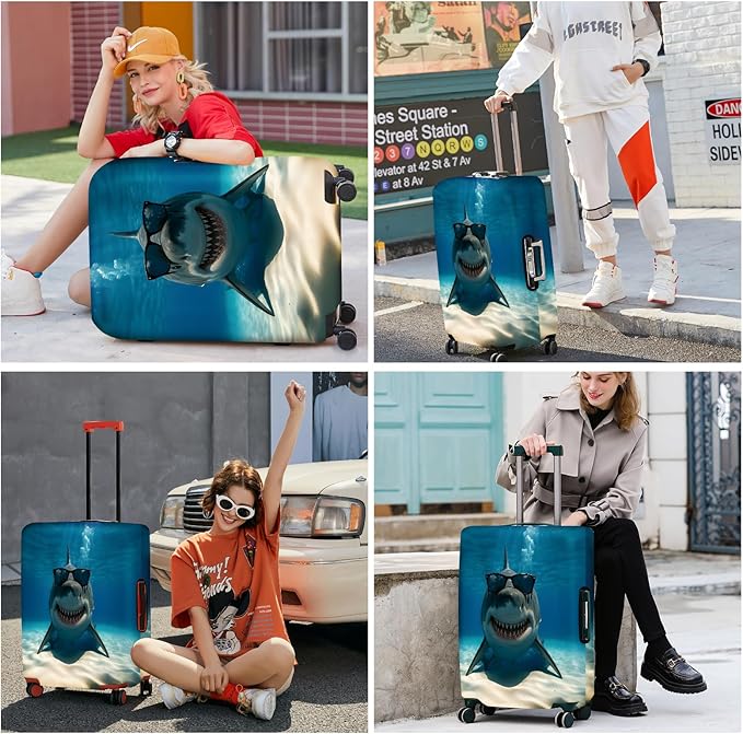 ANNA QUEEN Cool Shark Luggage Cover, Sunglass-Wearing Shark Underwater Design, Stretchable, Washable Travel Protector for 32-34 Inch Luggage