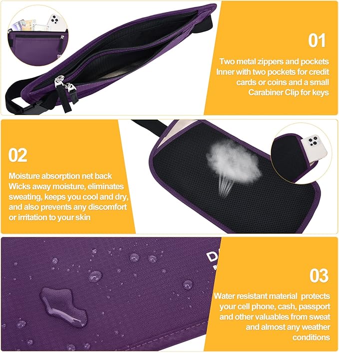 RFID Blocking Money Belt for Men Women, Slim Fanny Pack For Travel，Running,Conceal Waist Wallet For Passport Holder,Phone,Cash(Dark Purple), Dark Purple, Rfid Blocking & Belt Wide:1inch