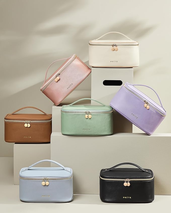 Prite Makeup Bag Portable Cosmetic Organizer with Brush Holder Waterproof Travel Toiletry Bag for Women with Handle and Divider (Beige)