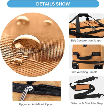 Vomgomfom Wheeled Collapsible Duffel Bag,110L-140L Expandable Checked Luggage, No-Telescopic-Handle with Anti-Burst Zipper & Reinforced Frame,Brown