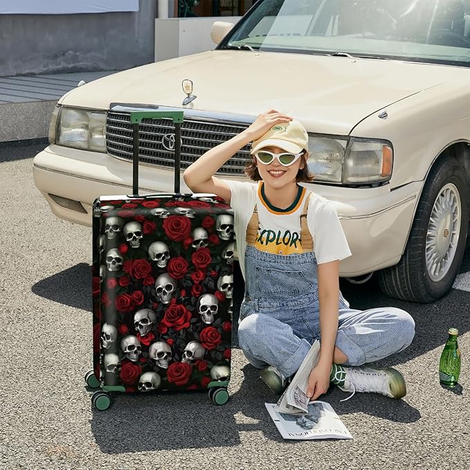 ANNA QUEEN Flower Skull Luggage Cover Washable Suitcase Protector Suitcase Cover Anti-Scratch,Stretchable Fit for 18-32Inch Luggage,Travel Bag Cover L(fits 26-28Inch suitcase)
