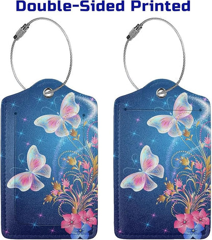 2 Pcs Beautiful Blue Luggage Tags with Two Butterflies for Women Girls Travel, Flower PU Leather Bag Tags for Suitcases with Stainless Steel Loop & Privacy Name ID Card, Labels Identifiers