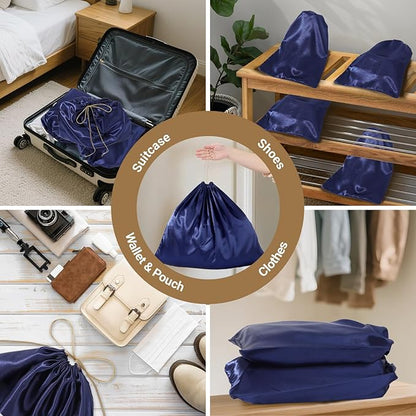 Ewen 7pcs Satin Shoe Bag Dustproof, 23.6x19.6in Dust Bags for Handbags with Drawstring Blank Tags, Travel Essentials Large Packing Bag, Dark Blue Purse Shoes Clothes Organizer for Closet Home Storage