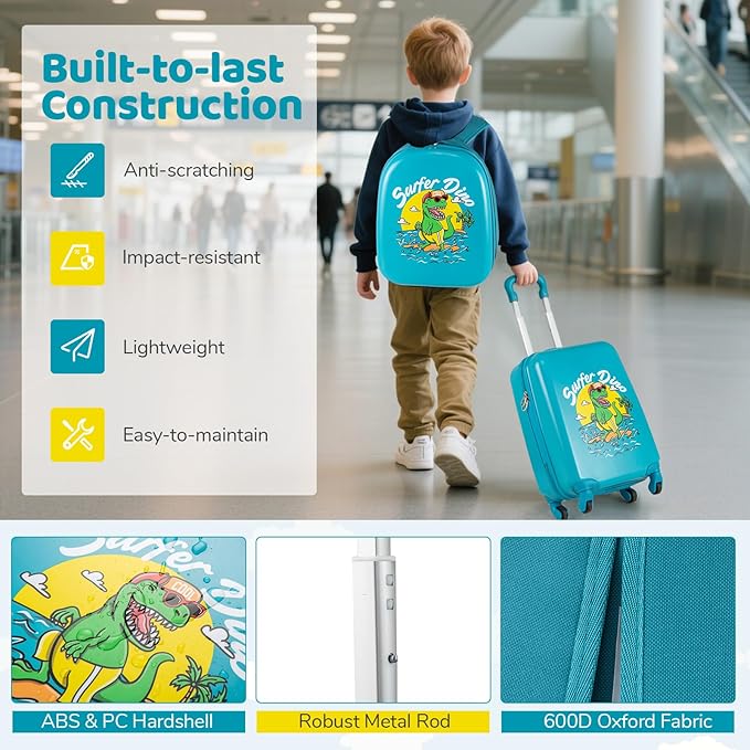 HONEY JOY Kids Luggage, Travel Backpack & Hard Shell Toddler Suitcase, Children Rolling Luggage with Wheels, Retractable Handle & 4 Casters, 2Pcs Carry On Luggage Set for Boys Girls(Green Dinosaur)