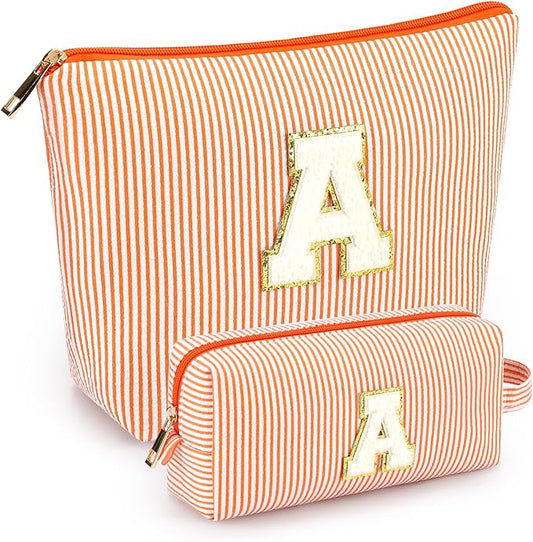 2 PCS Initial Makeup Bags for Women: Cosmetic Bag for Travel Toiletry - Birthday Gifts for 11 12 13 14 15 16 17 18 Years Old Girl Graduation Teacher Gift- Teen Girl Gifts Trendy Stuff - Orange A