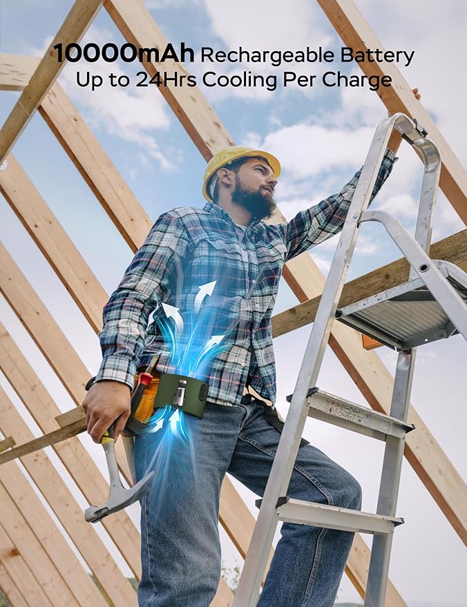 Portable Waist Fan, 10000mAh Battery Operated, Rechargeable Clip On Belt, 10 Speed, 12000RPM Strong Airflow, Max 24H Working Time, Personal Shirt fan for Outdoor Work Jobsite Farms